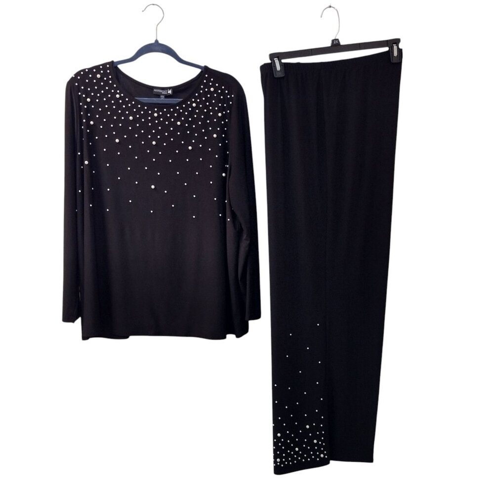 Antthony Women's 2 Piece Wide Leg Pull on Pant Set, Size 2X, Black